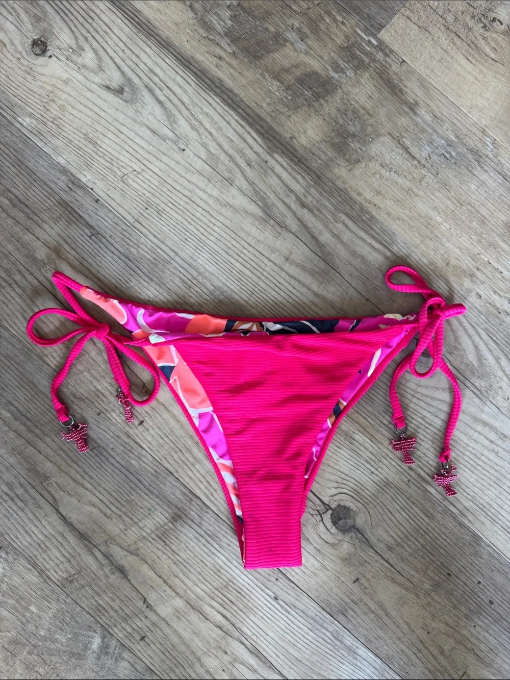 NWT Maaji x Anthropologie Side Tie Pink Floral Reversible Bikini Bottom Sz Large